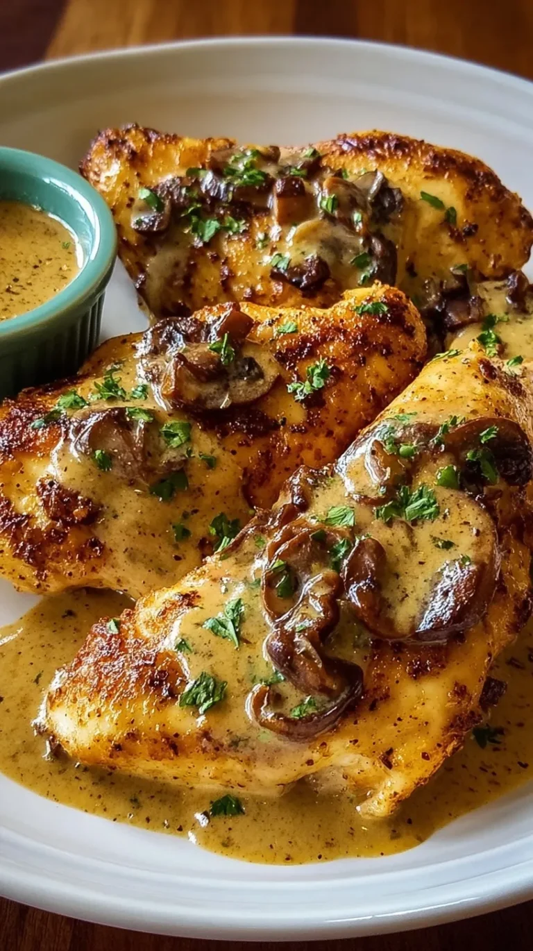 Pan-seared chicken breasts smothered in a creamy mushroom and garlic sauce with fresh parsley