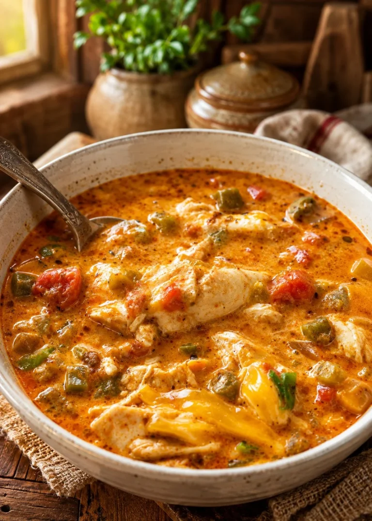 Bowl of creamy chipotle chicken soup garnished with herbs