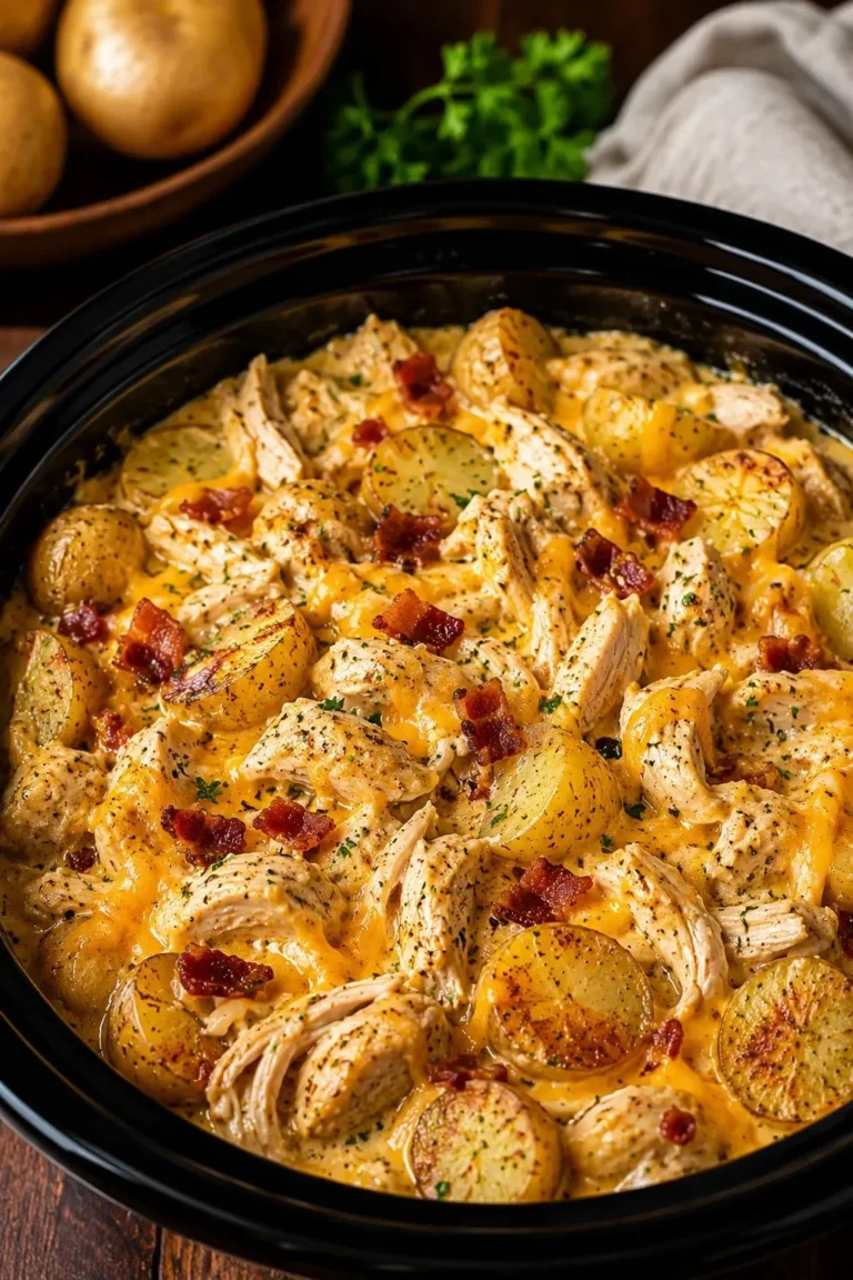 Creamy crack chicken served with cheesy ranch potatoes in a one-pot meal