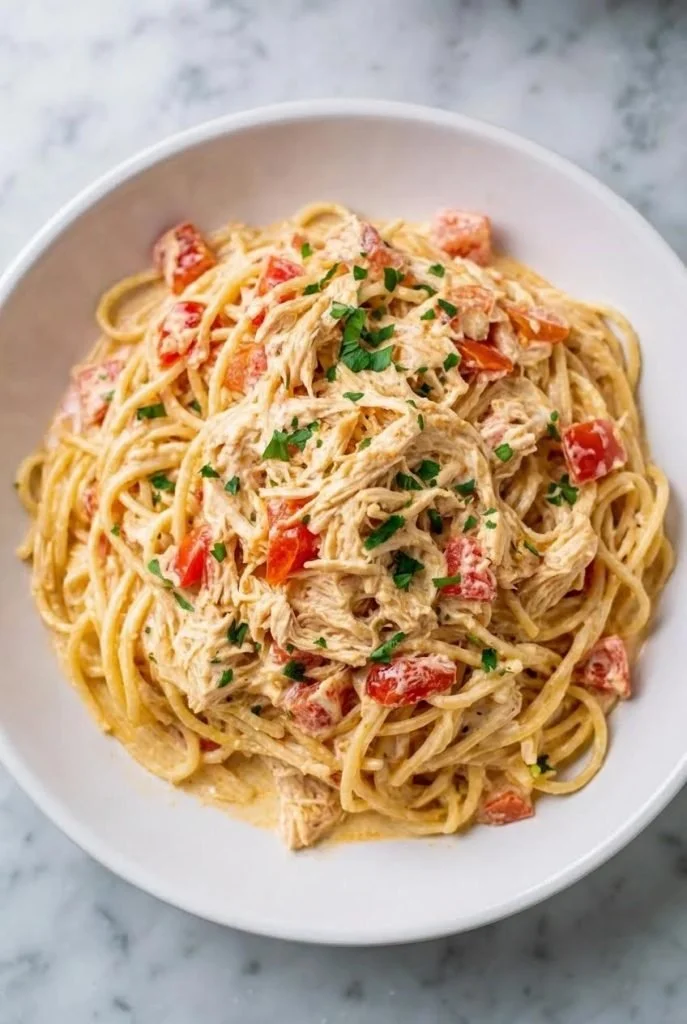 Delicious creamy crockpot chicken spaghetti served in a bowl