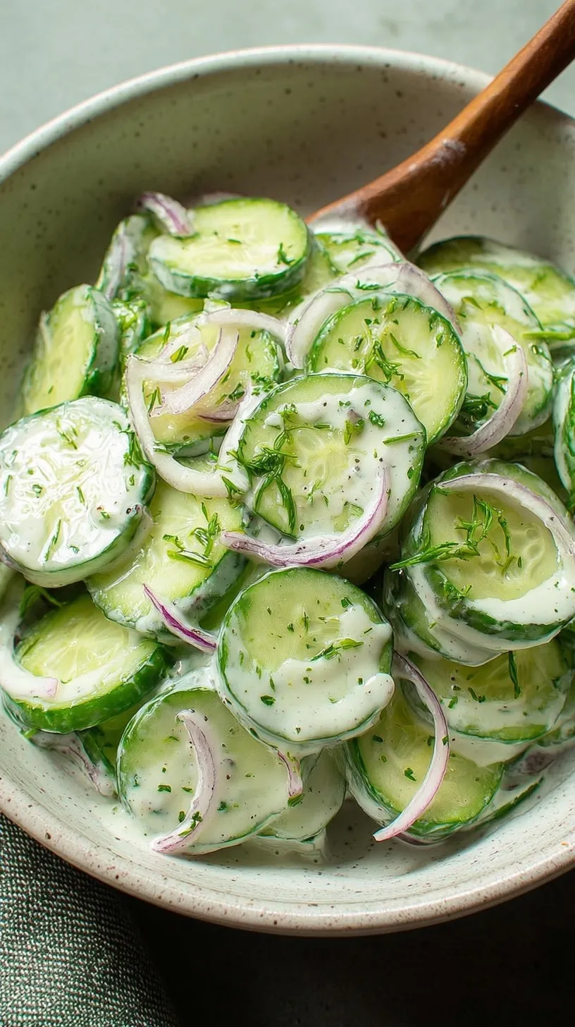 A bowl of chilled Creamy Cucumber Salad with fresh dill and red onions
