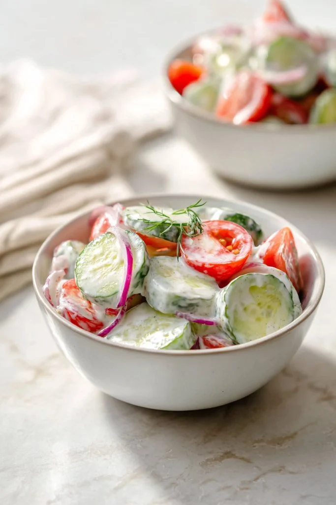 Creamy cucumber tomato salad in a bowl with fresh herbs