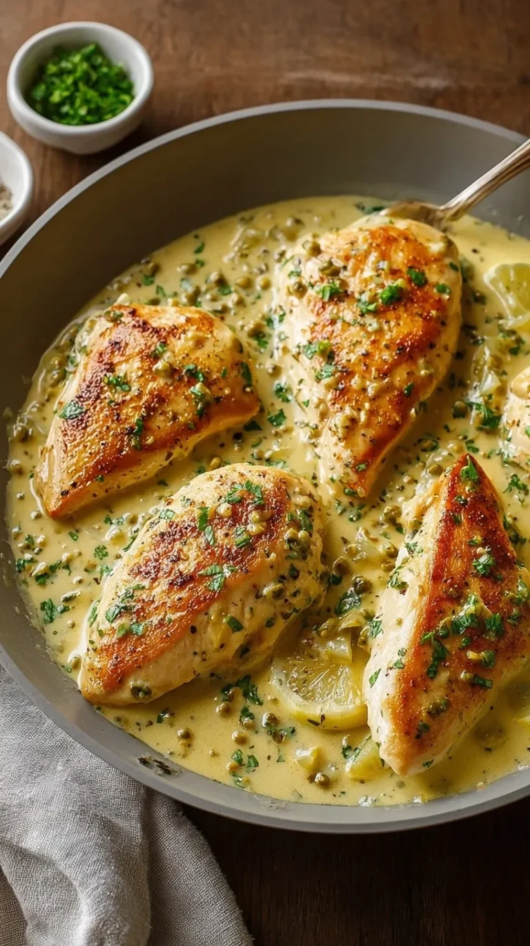 Pan-seared chicken breasts smothered in a creamy mustard and garlic sauce with fresh parsley.