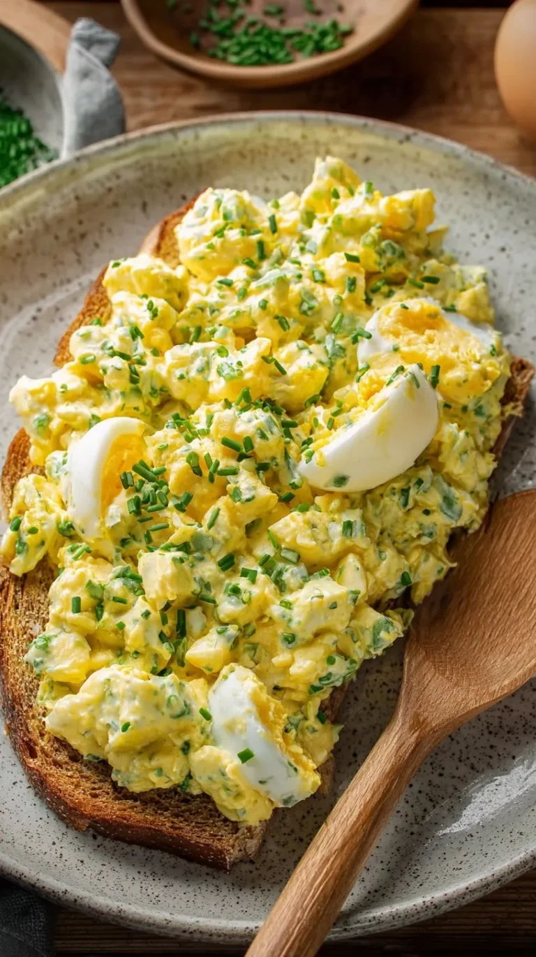 A bowl of creamy egg salad garnished with smoked paprika and fresh chives