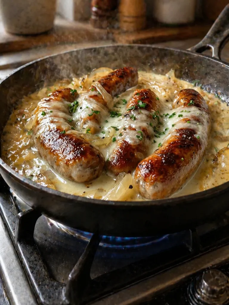 Creamy French onion sausage skillet with caramelized onions, melted cheese, and browned sausages in a rich creamy sauce