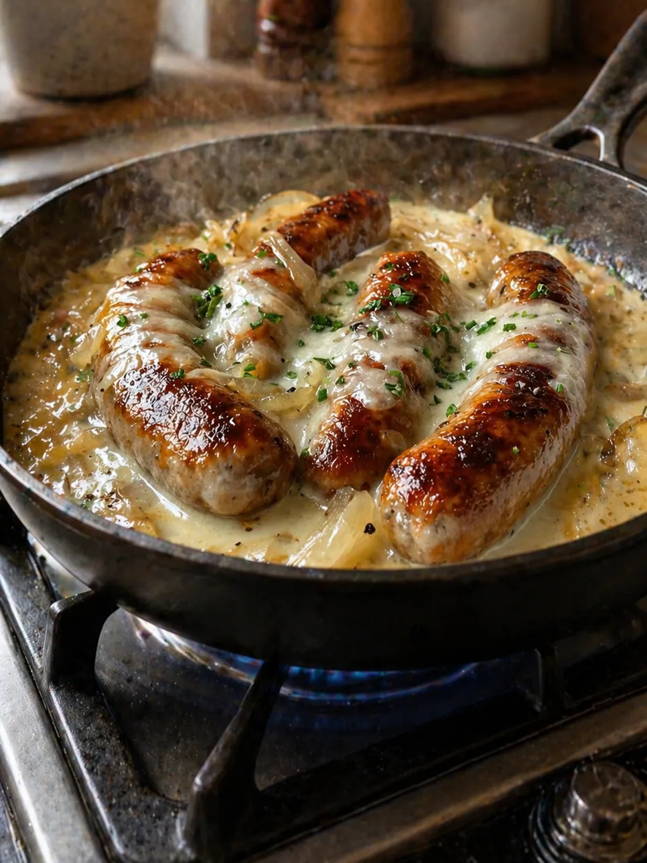 Creamy French onion sausage skillet with caramelized onions, melted cheese, and browned sausages in a rich creamy sauce