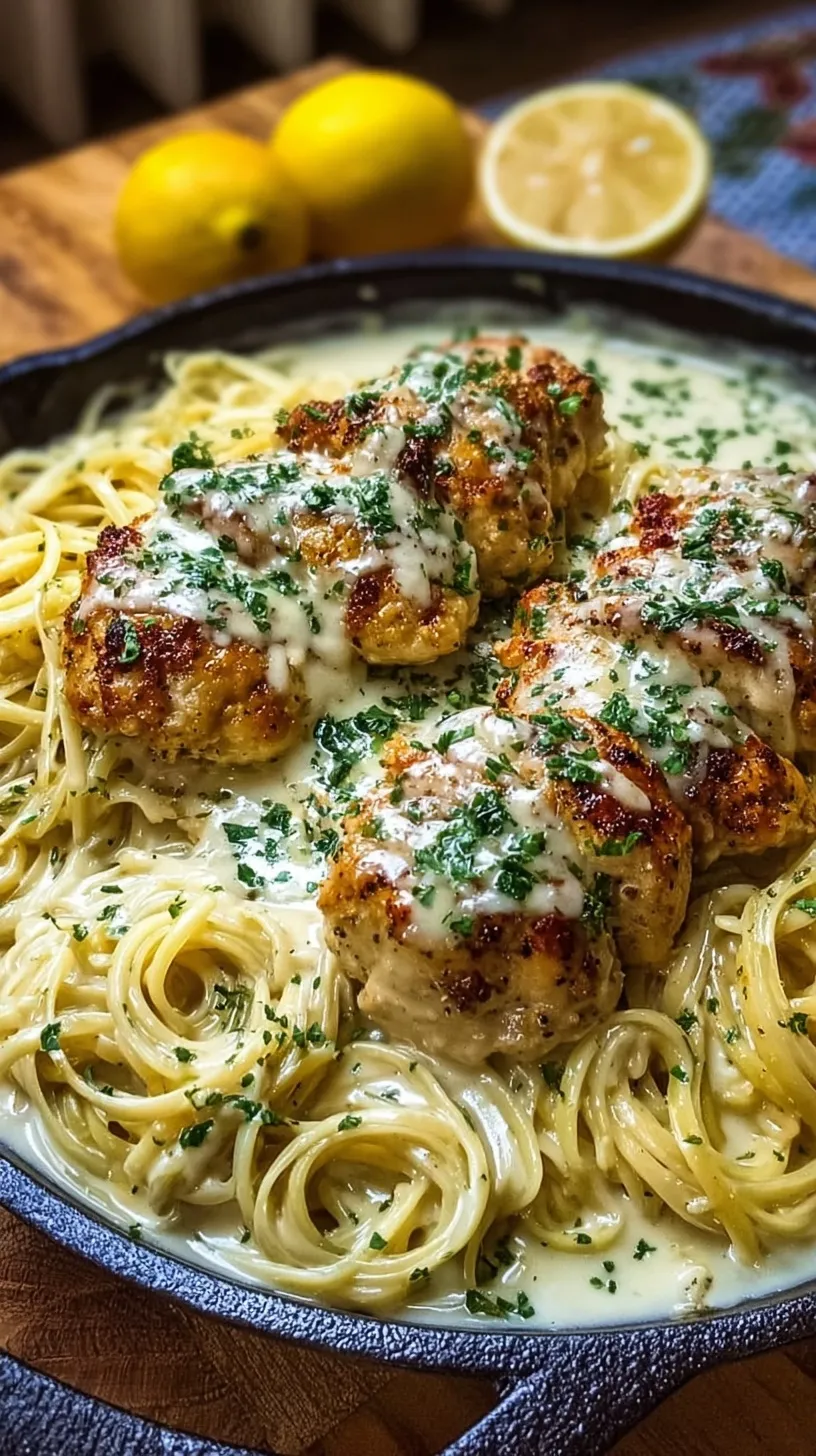 A skillet of creamy Garlic Butter Chicken Alfredo with linguine and fresh parsley.