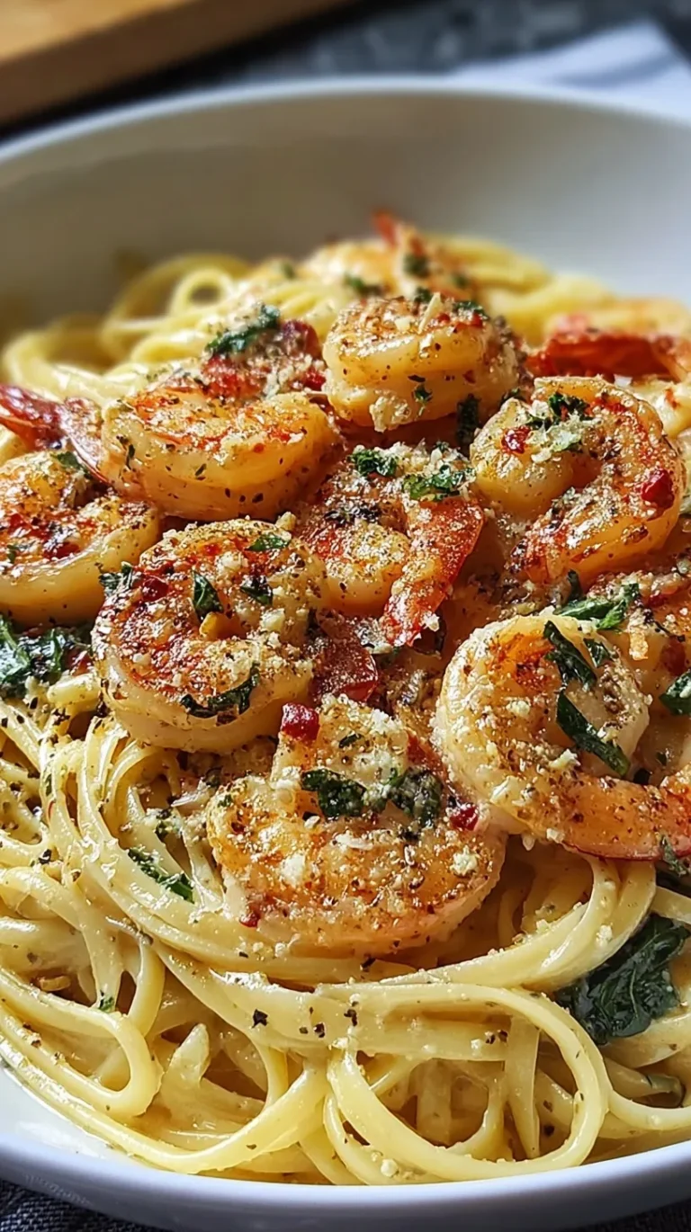 A plate of creamy garlic butter shrimp pasta with fresh parsley and parmesan cheese