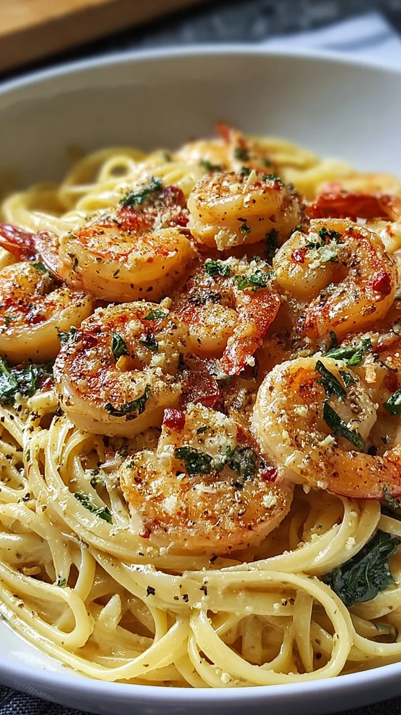 A plate of creamy garlic butter shrimp pasta with fresh parsley and parmesan cheese