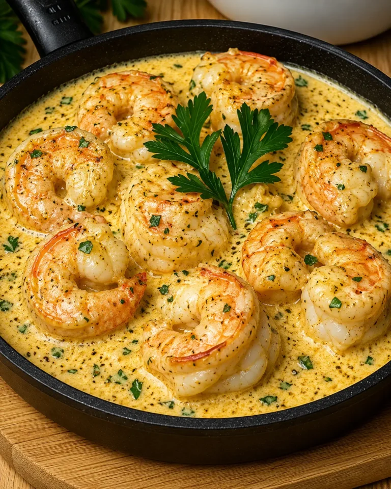 Creamy garlic butter shrimp skillet with parmesan cream sauce and fresh parsley.