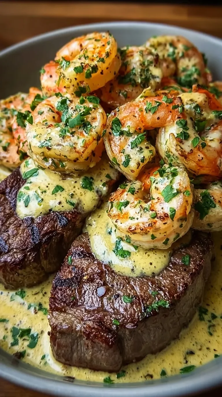 Pan-seared ribeye steaks and jumbo shrimp covered in a creamy garlic butter sauce with fresh parsley.