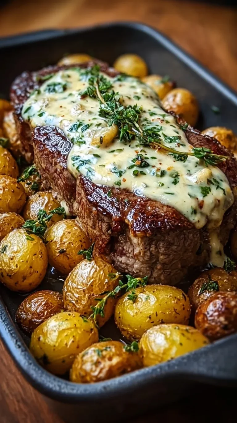 Pan-seared ribeye steak topped with creamy garlic butter sauce next to roasted baby potatoes