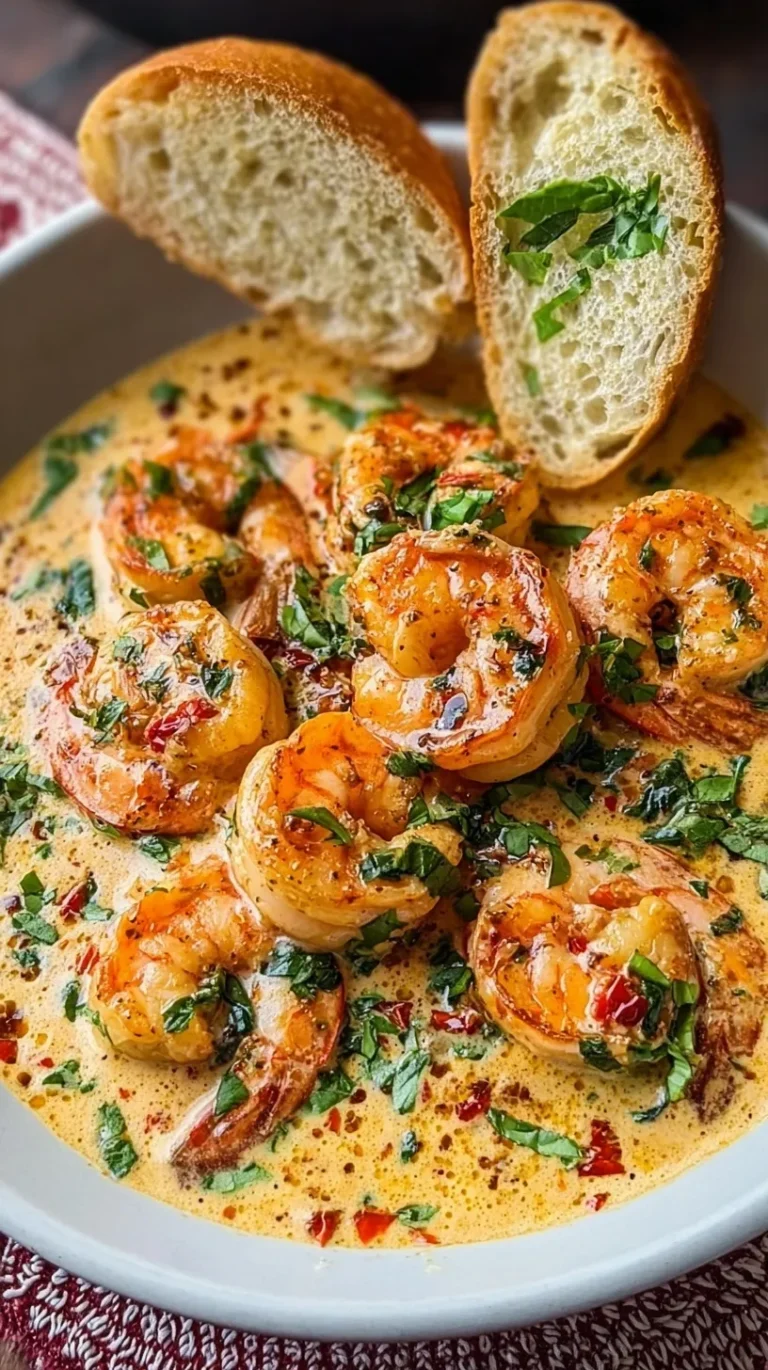 A skillet of creamy Tuscan shrimp with spinach and sun-dried tomatoes
