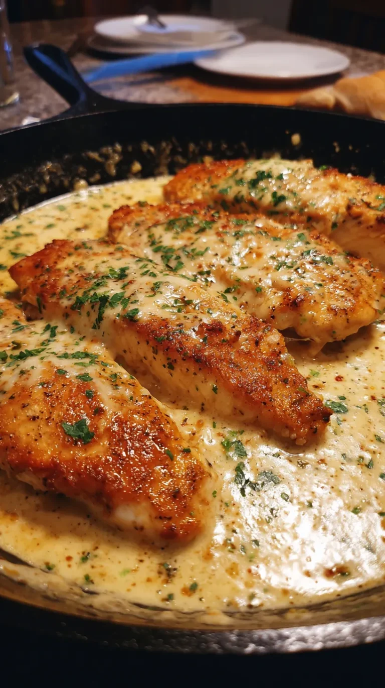 A vertical, close-up shot of a black cast-iron skillet filled with three golden-brown seared chicken breasts. The chicken is partially submerged in a thick, creamy white garlic sauce that is bubbling at the edges. A generous sprinkle of fresh green parsley is scattered over the chicken and throughout the sauce. In the blurred background, white plates and a rustic wooden table are visible.
