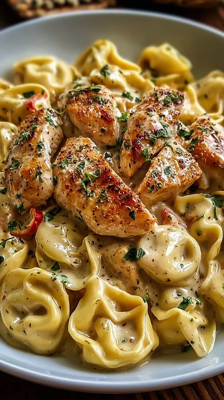 A skillet filled with creamy garlic chicken tortellini and spinach