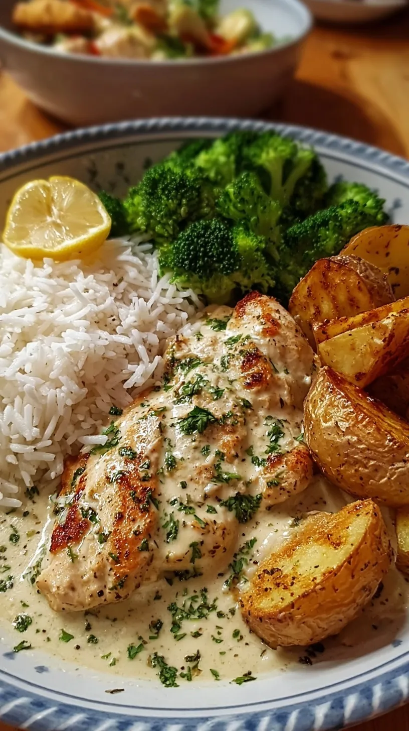 Pan-seared chicken breast in a white garlic cream sauce with roasted potatoes and broccoli