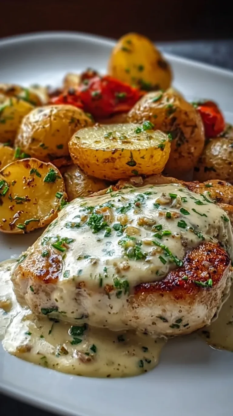 Pan-seared chicken breasts in a creamy garlic sauce served with herb-roasted baby potatoes