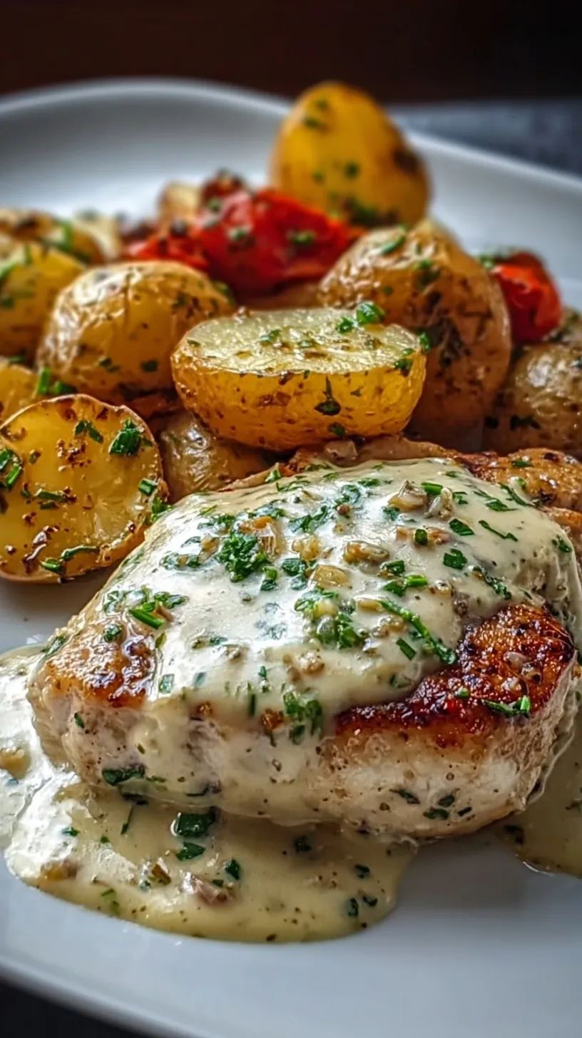 Pan-seared chicken breasts in a creamy garlic sauce served with herb-roasted baby potatoes