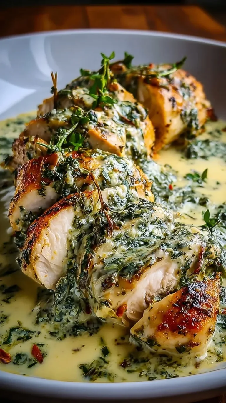 Pan-seared chicken breasts in a rich cream sauce with garlic and fresh herbs in a skillet.