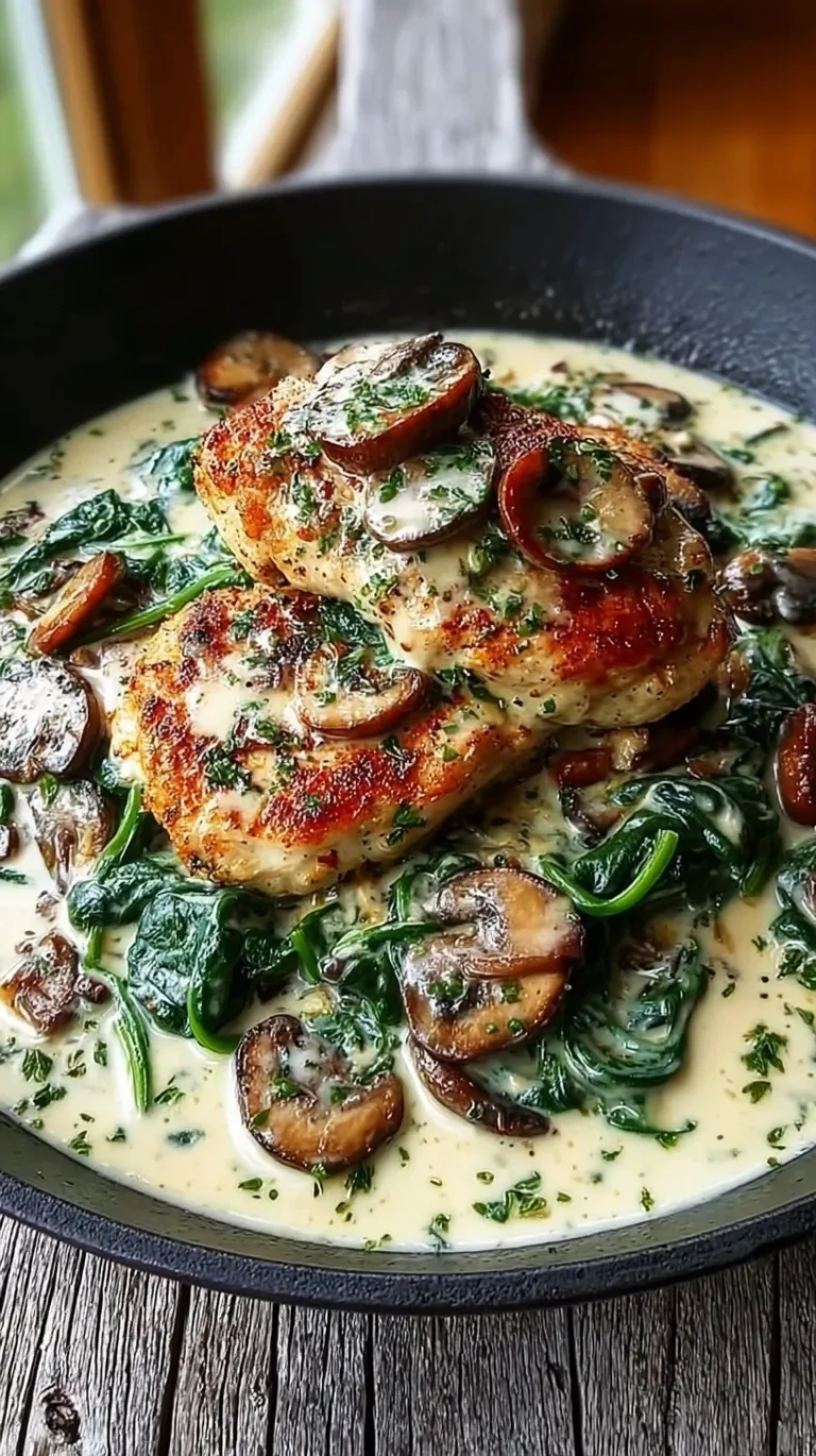 Pan-seared chicken thighs in a creamy garlic sauce with spinach and mushrooms in a cast iron skillet