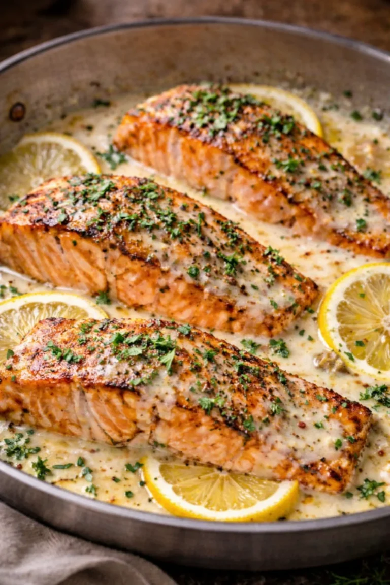 A top-down, vertical shot of three pan-seared salmon fillets simmering in a white garlic cream sauce inside a grey skillet. The salmon has a crispy, golden-brown crust and is topped with fresh chopped parsley. Bright yellow lemon slices are tucked between the fillets, and the velvety sauce is speckled with herbs and black pepper.