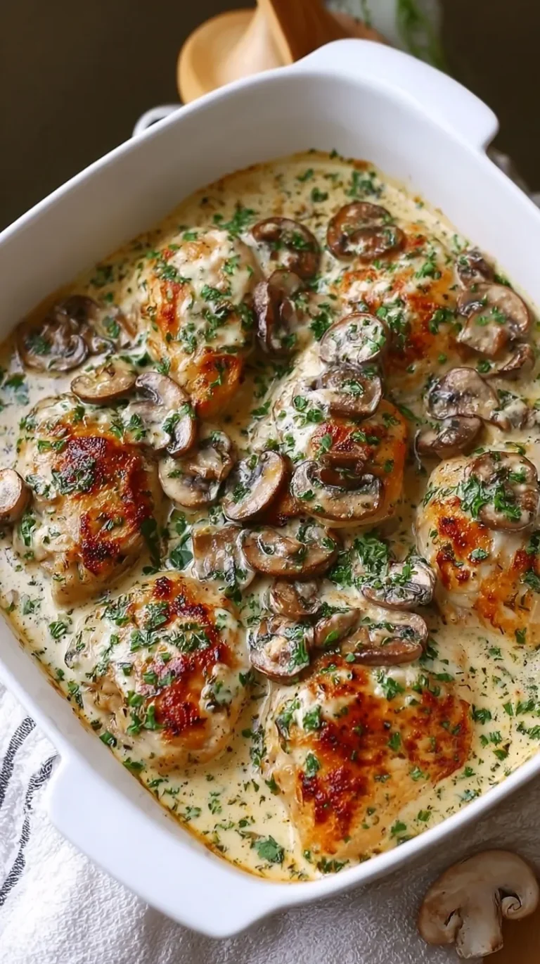 Creamy Garlic Mushroom Chicken in a skillet with golden brown chicken and thick mushroom sauce