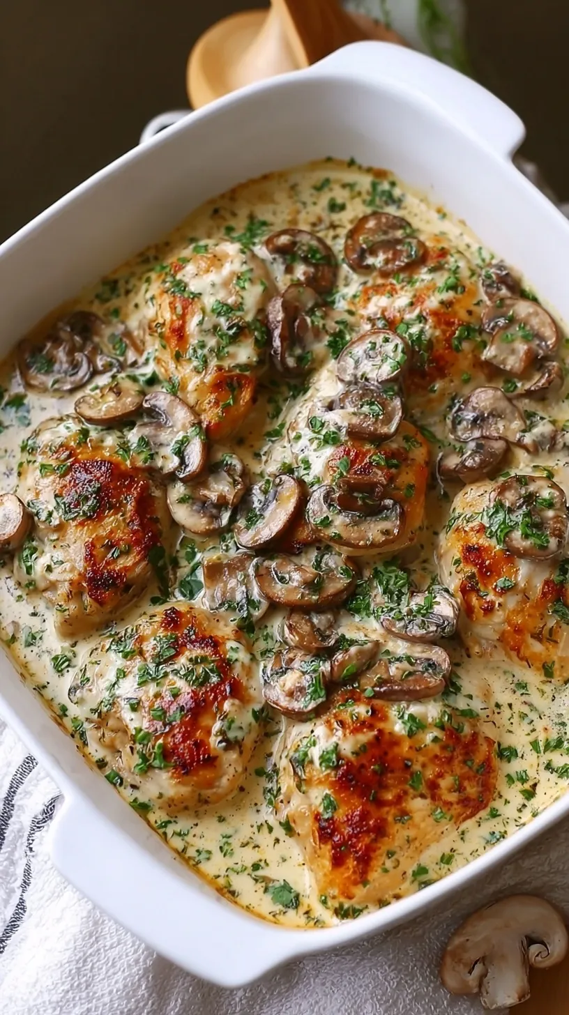 Creamy Garlic Mushroom Chicken in a skillet with golden brown chicken and thick mushroom sauce