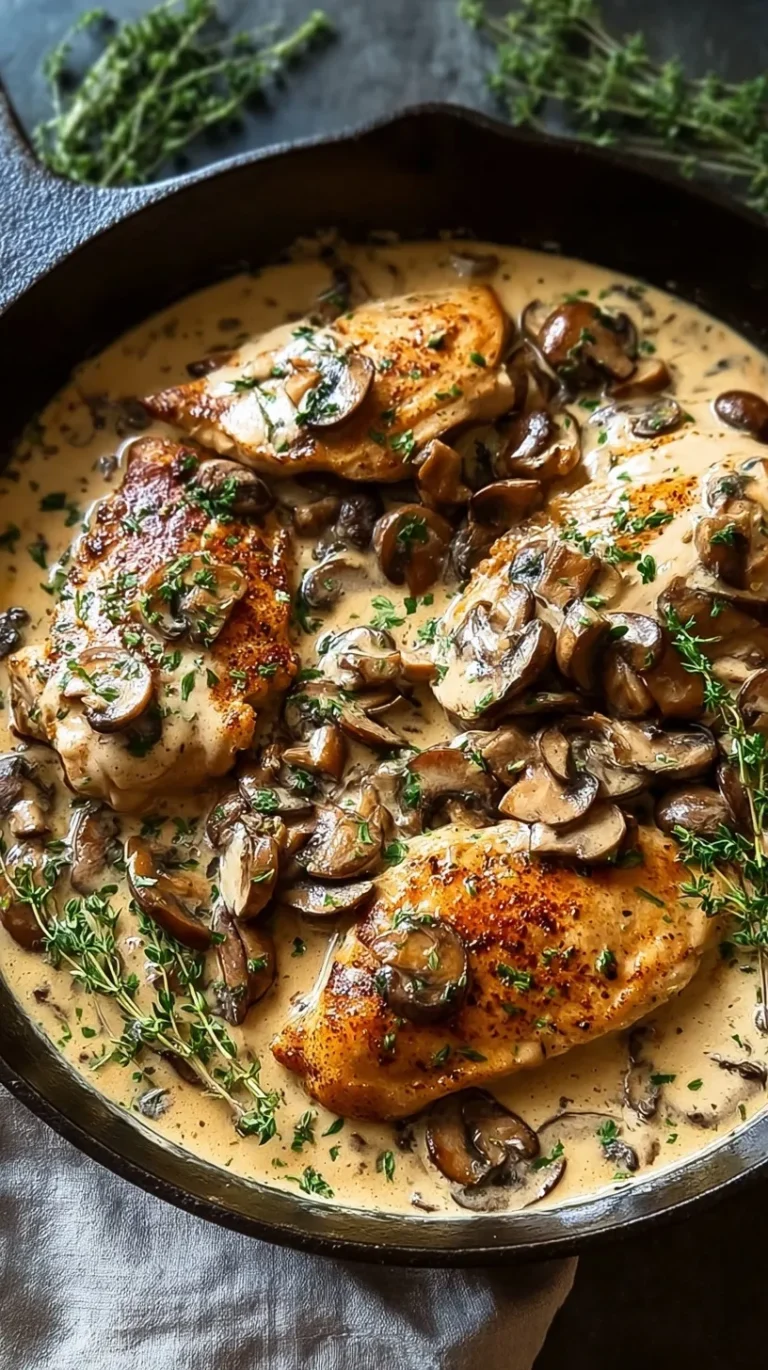 Golden pan-seared chicken breasts in a creamy garlic mushroom sauce with fresh parsley