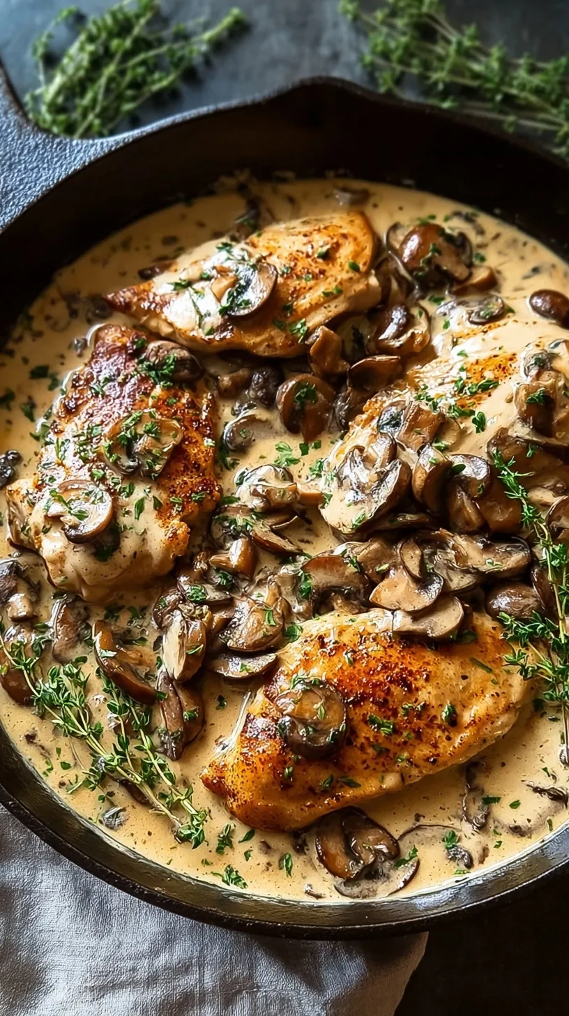 Golden pan-seared chicken breasts in a creamy garlic mushroom sauce with fresh parsley