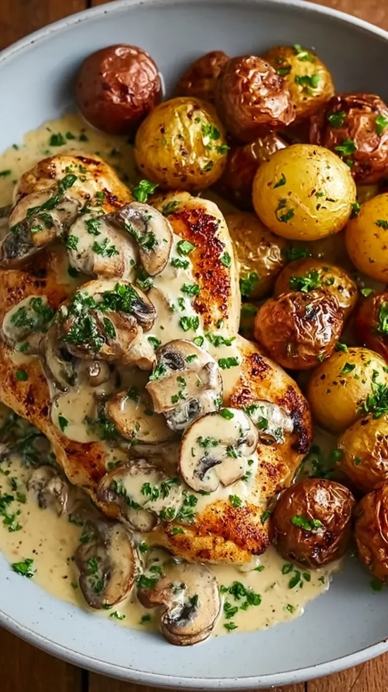 Pan-seared chicken thighs in a creamy mushroom sauce with roasted baby potatoes
