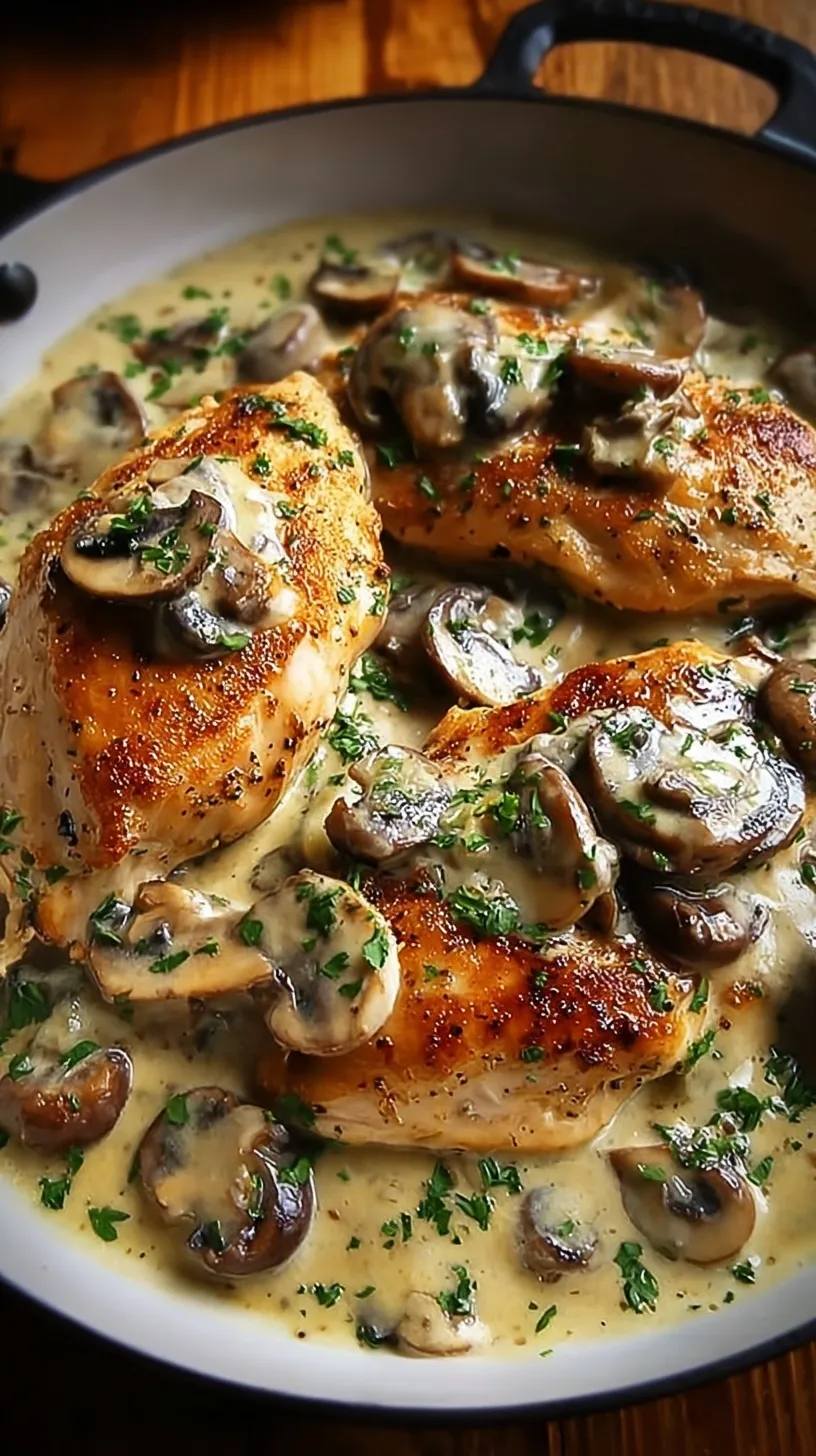 Pan-seared chicken breasts in a creamy mushroom and garlic sauce topped with fresh parsley