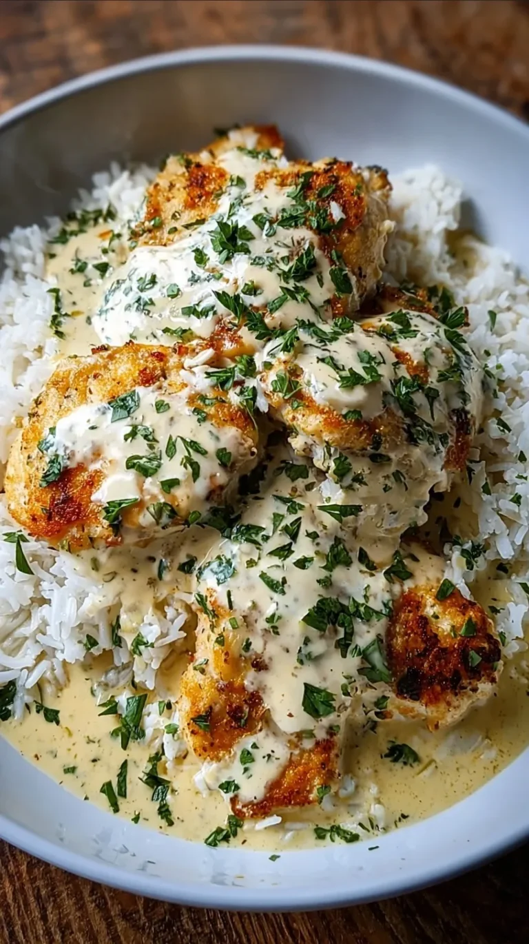 Pan-seared chicken strips in a creamy white garlic sauce served over a bed of white rice.