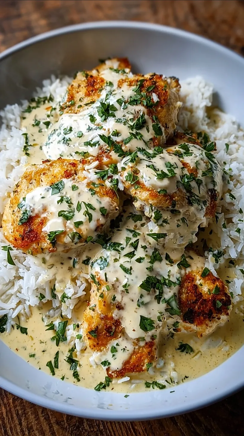 Pan-seared chicken strips in a creamy white garlic sauce served over a bed of white rice.