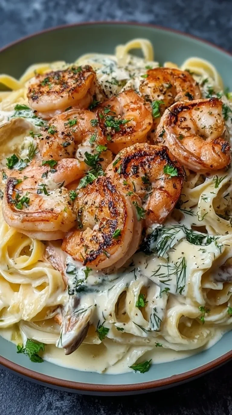 A plate of creamy fettuccine pasta topped with seared salmon cubes and pink shrimp