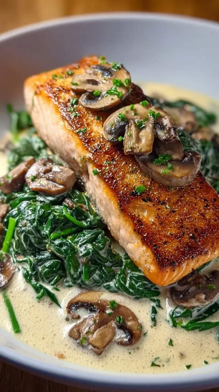 Pan-seared salmon fillets in a creamy garlic sauce with spinach and mushrooms in a skillet