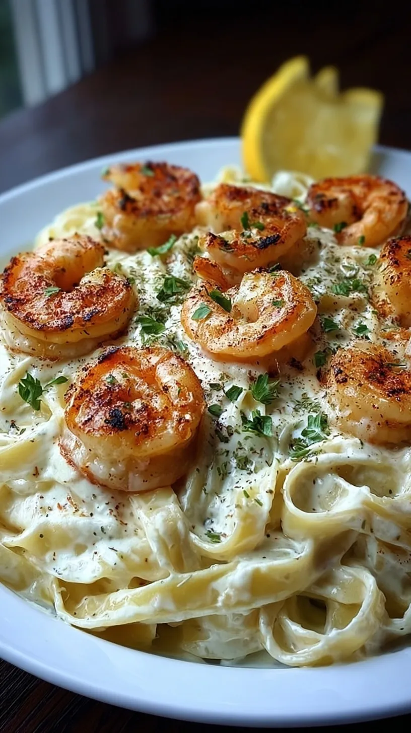 A white bowl filled with creamy shrimp fettuccine alfredo topped with fresh parsley