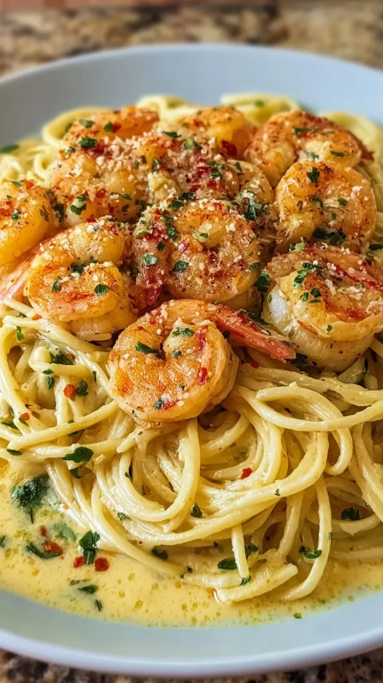 A bowl of creamy garlic shrimp pasta garnished with fresh parsley and parmesan cheese
