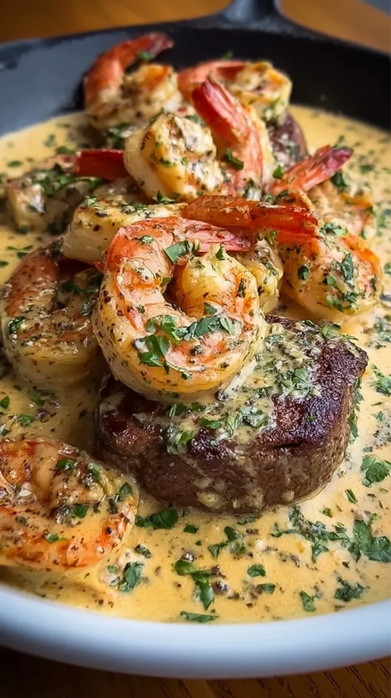 Pan-seared steak topped with shrimp in a rich garlic cream sauce garnished with parsley