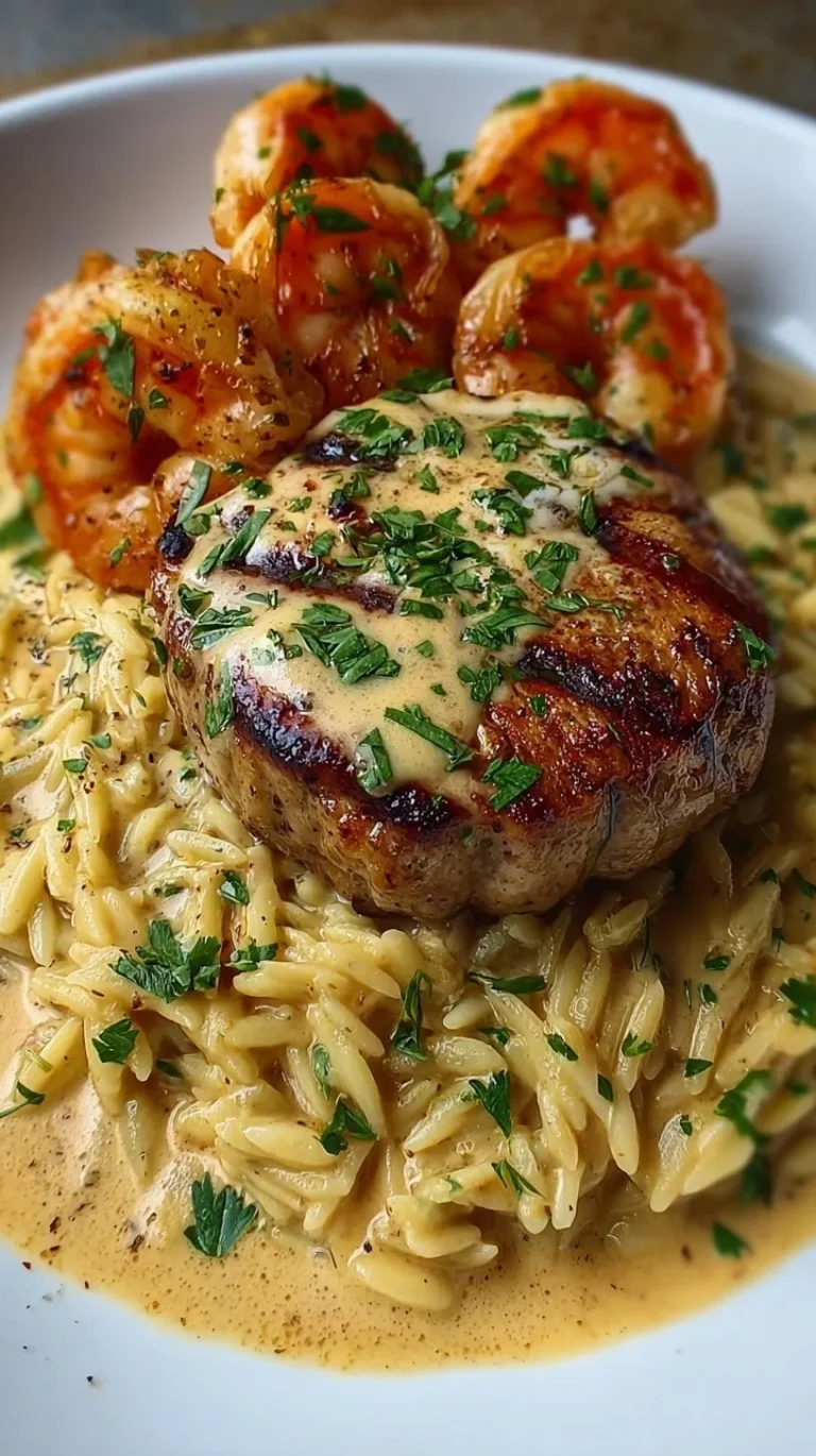 A skillet filled with creamy garlic shrimp steak orzo garnished with fresh parsley.
