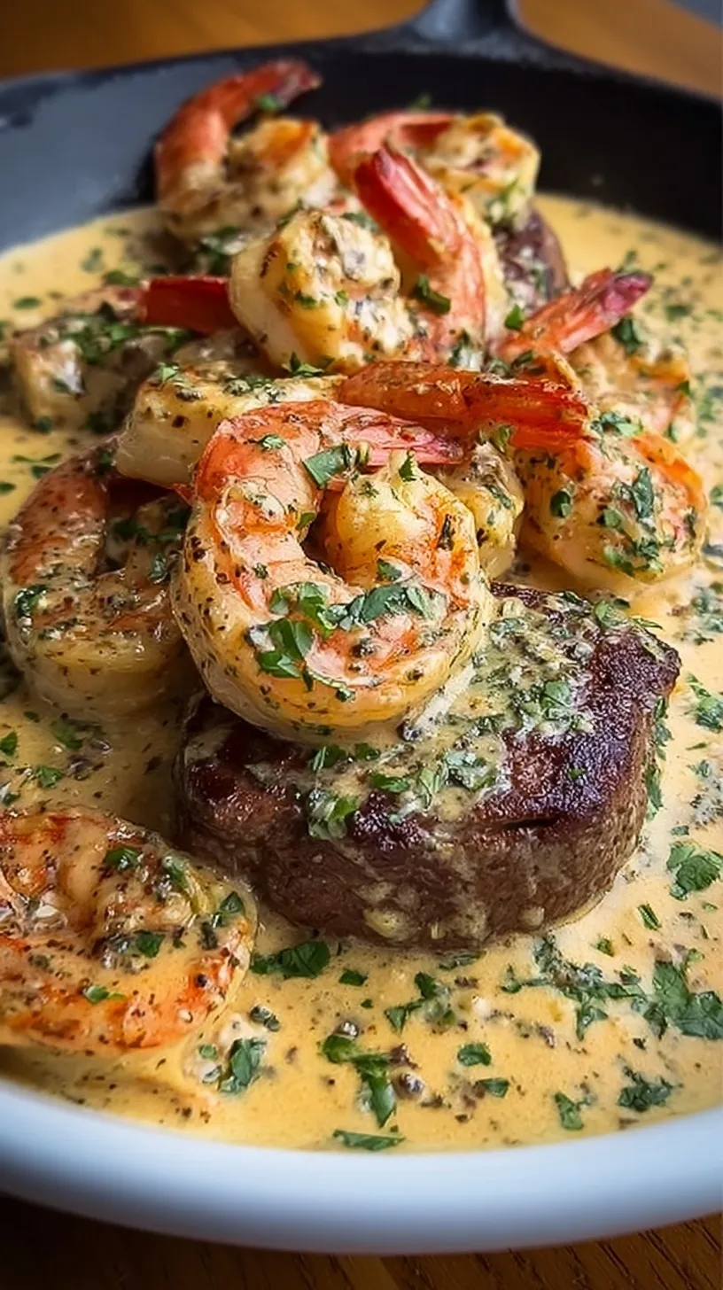 Pan-seared steak topped with shrimp in a rich garlic cream sauce garnished with parsley