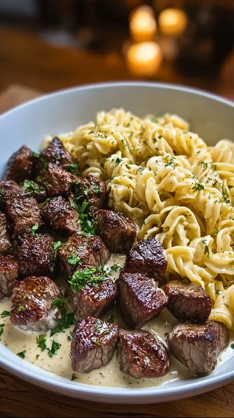 Pan-seared steak bites in a creamy garlic parmesan sauce over fettuccine pasta.