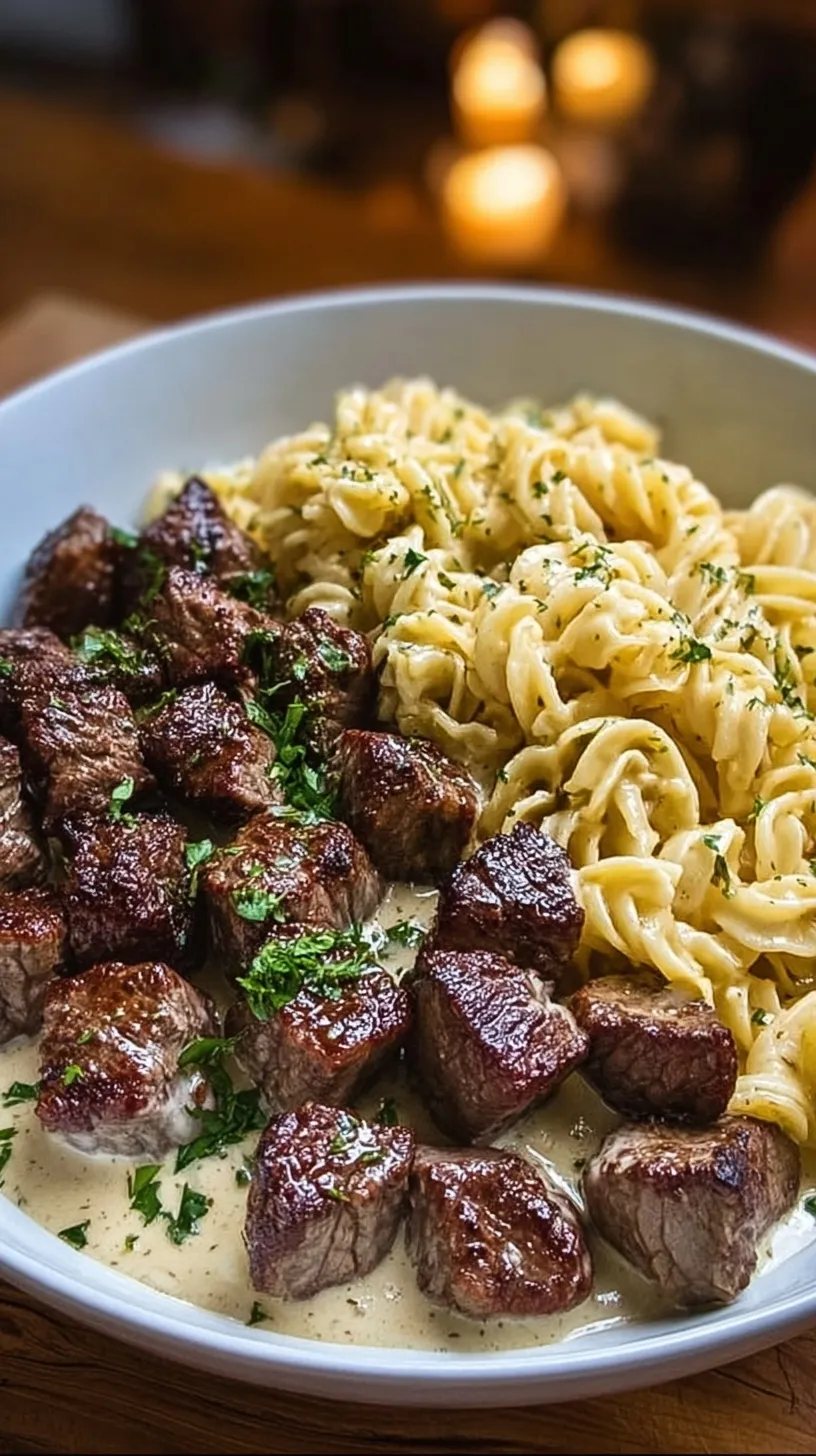 Pan-seared steak bites in a creamy garlic parmesan sauce over fettuccine pasta.