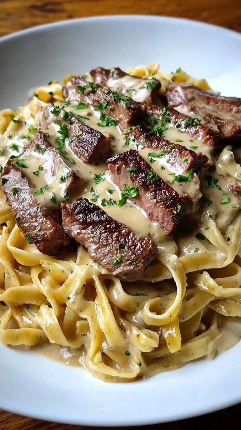 A plate of creamy garlic steak fettuccine topped with fresh parsley