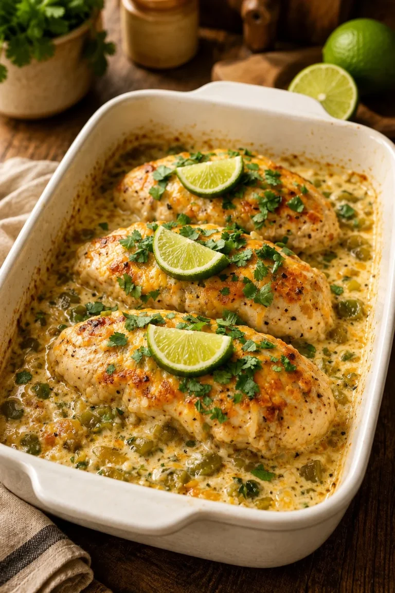 Creamy green chile taco baked chicken ready to serve