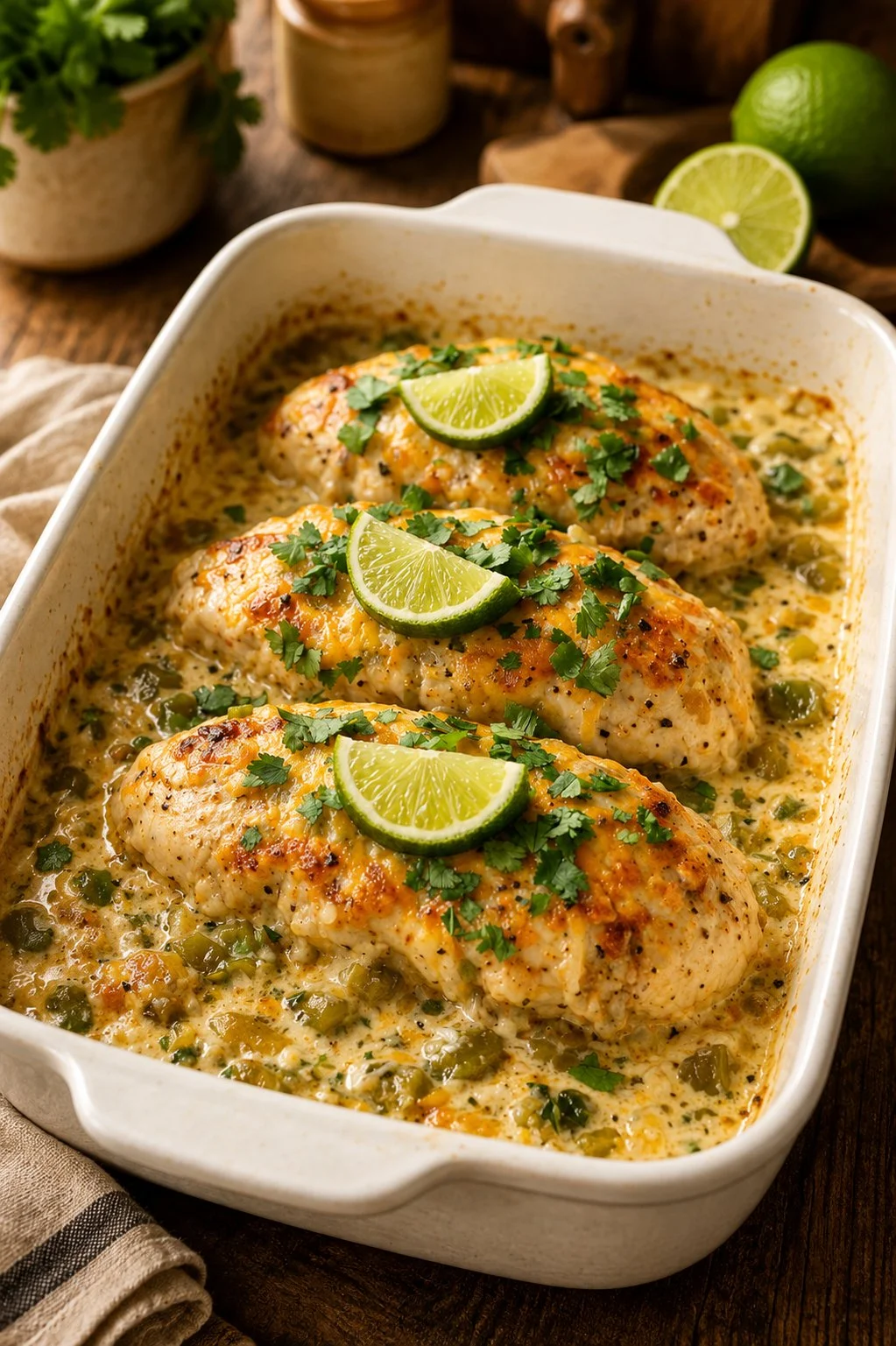Creamy green chile taco baked chicken ready to serve