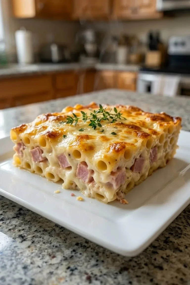 A vertical close-up shot of a perfectly sliced square of ham and cheese pasta bake served on a white square plate. The bake features neatly stacked layers of large tubular pasta (rigatoni) filled with a creamy white sauce and chunks of pink ham. The top is a thick, bubbly, golden-brown cheese crust garnished with a fresh sprig of thyme. Steam is lightly rising in a blurred kitchen background.