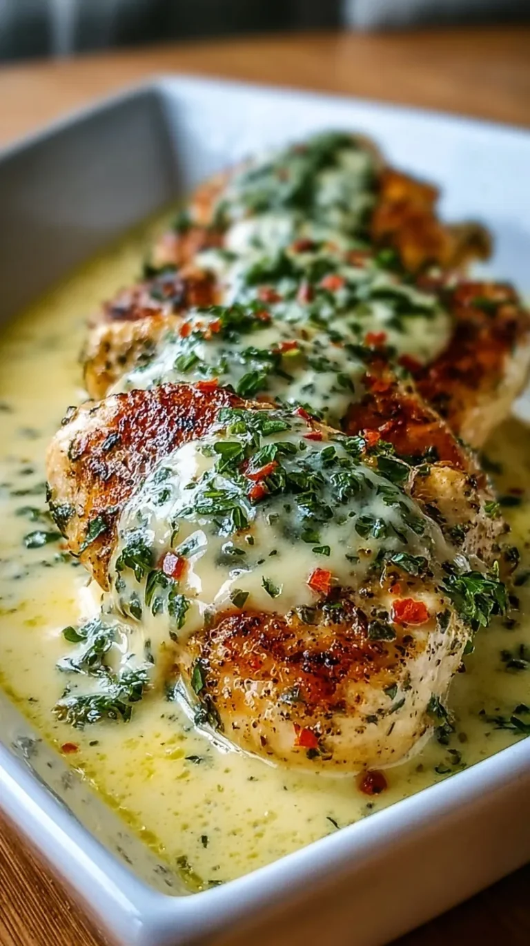 Golden seared chicken breasts in a creamy garlic herb butter sauce in a skillet