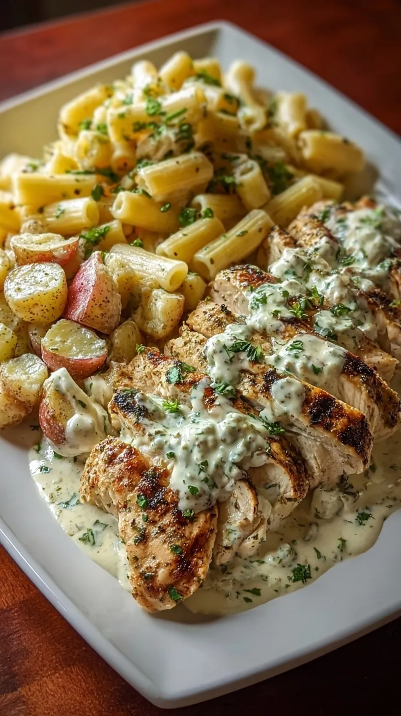 Plated creamy herb chicken with roasted potatoes and Alfredo rigatoni garnished with parsley