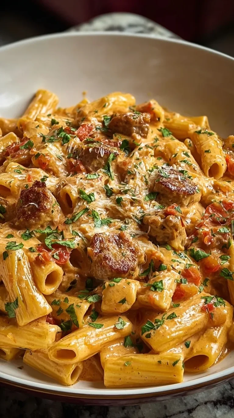 A skillet filled with creamy pasta, crumbled Italian sausage, and fresh spinach.