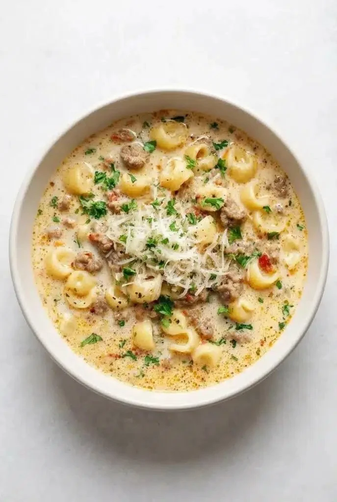 Bowl of creamy Italian sausage soup with vegetables and herbs